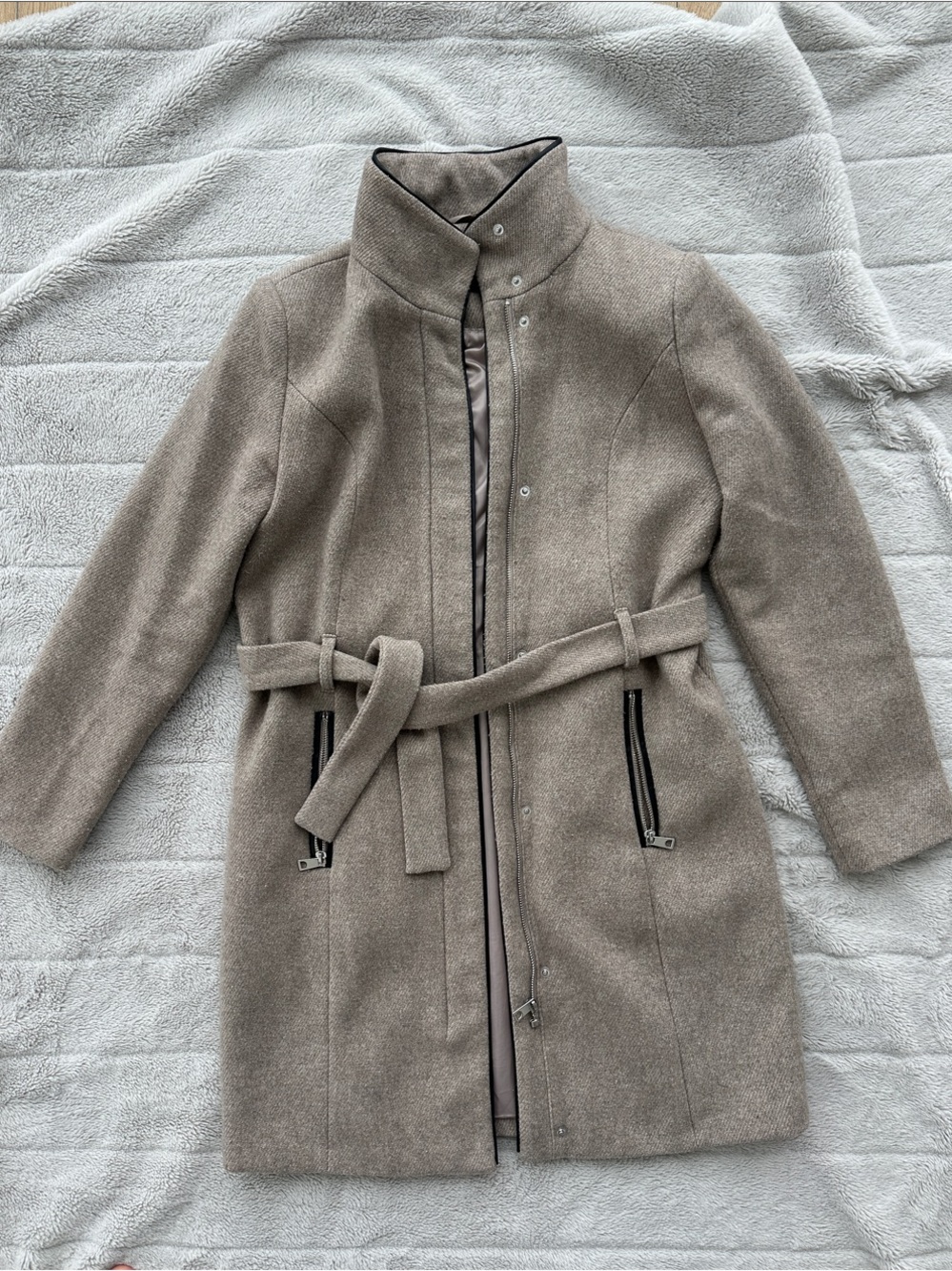 Womens Taupe Belted Wool-Blend Coat